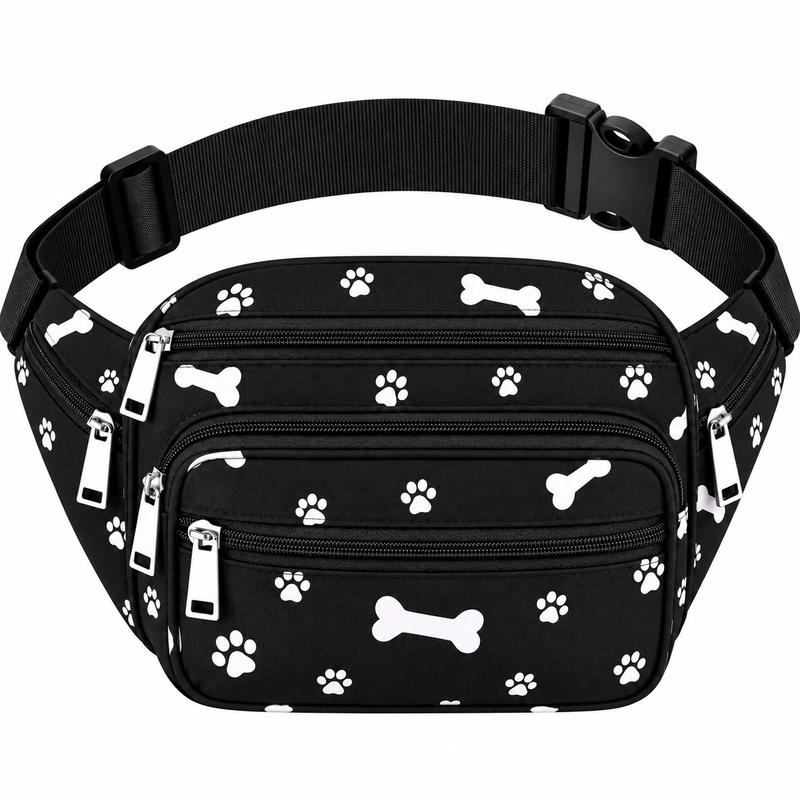 8056 Black White Paw Bumbag W-7 Zips (New) (image for) 8056 Black White Paw Bumbag W-7 Zips (New)
